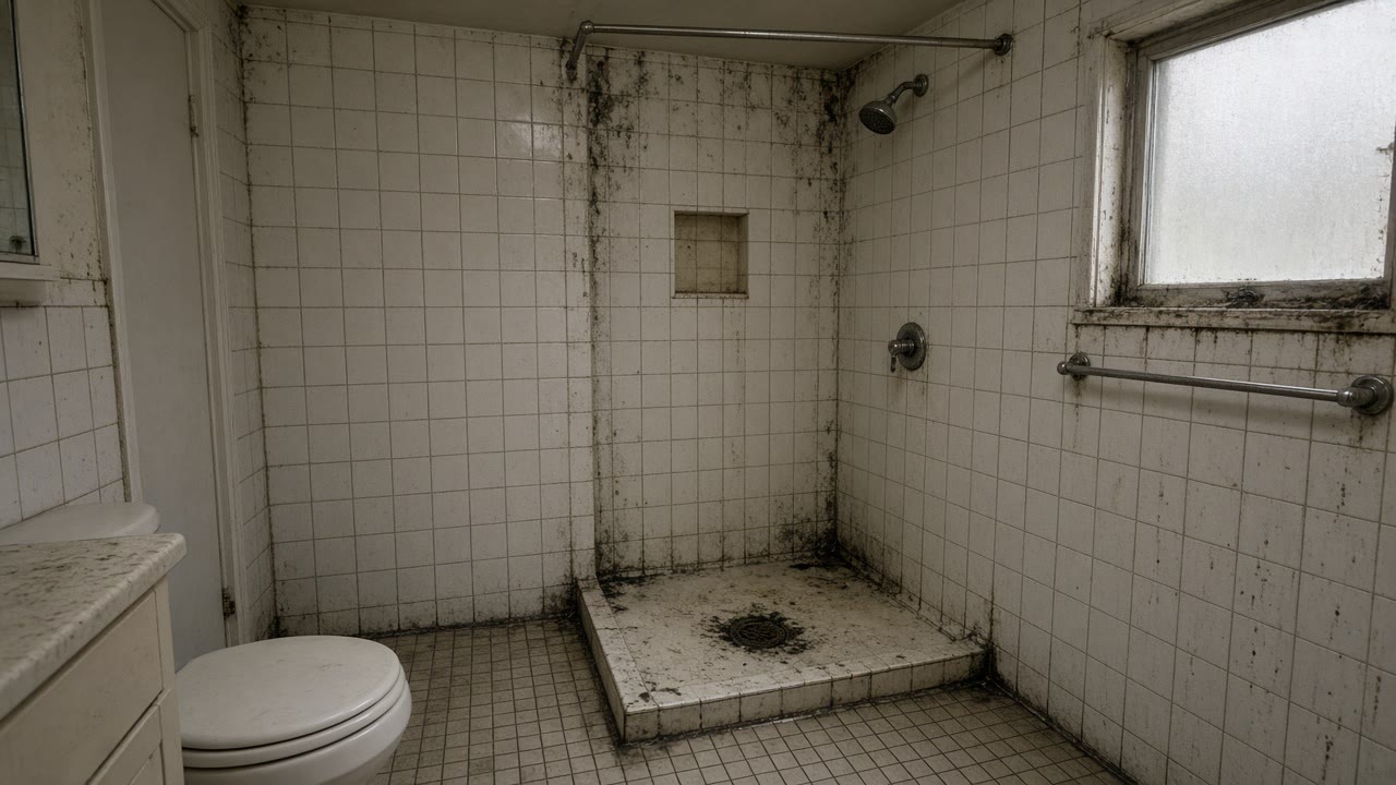 Wide view of an old bathroom shower with moldy grout, dirty drain, toilet, and vanity