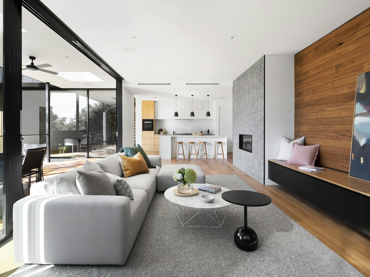 Open-concept living space with expansive glass and natural light